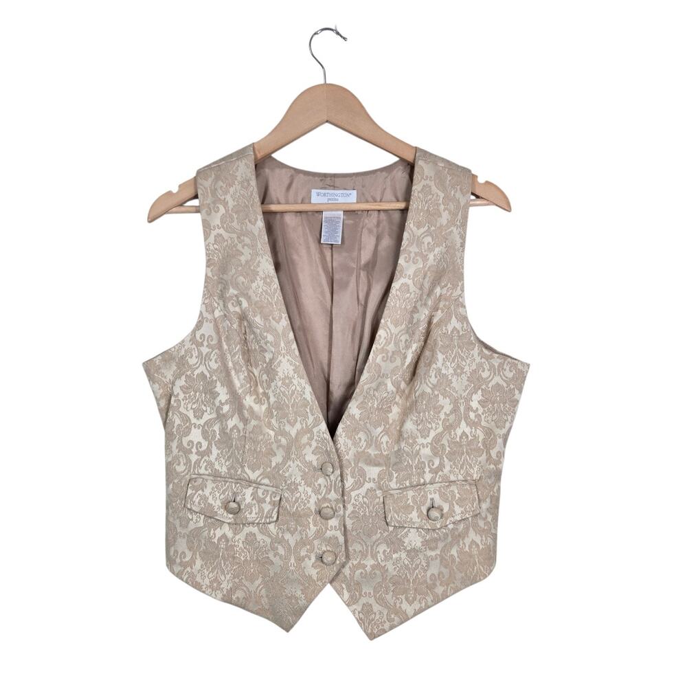 Vintage Y2K Worthington Jacquard Tailored Vest 14P Champagne Brocade Chic